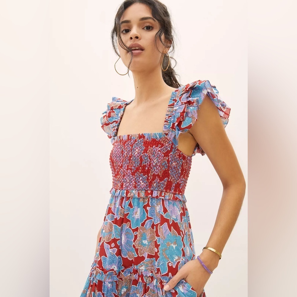 Anthropologie Love the Lable Bouquet Smocked Maxi Dress Size Large Blue Red - Picture 8 of 8